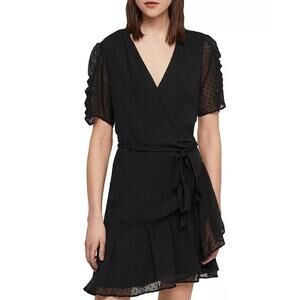 AllSaints Sienna Clip Swiss Dot Ruffle Wrap Dress Black Whimsigoth Size Small